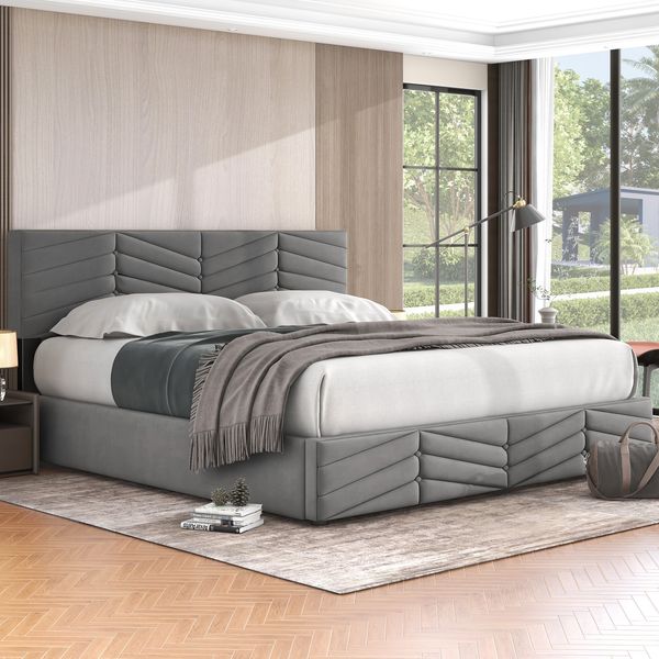 Polsterbett 180×200 cm aus Samt-Stoff mit Bettkasten und verstellbarem Kopfteil, grau