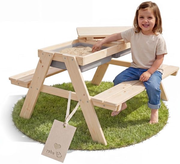 roba Kindersitzgarnitur "PLAY for 4" Outdoor+ mit Spielwannen - Massivholz Sitzgarnitur & Matschtisch - Natur