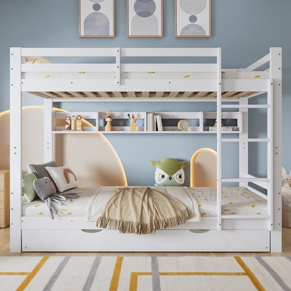 Etagenbett, Kinderbett, Ausziehbares Bett mit Rollen, Mit mit einer Reihe von 2 Meter langen Regalen, Stabile Bettlatten und Leiter, Kiefer + MDF+ Sperrholz , Weiß, 90x200cm