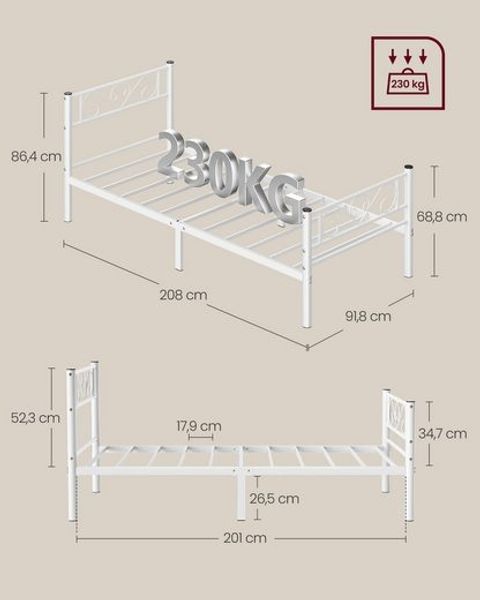 VASAGLE Bett 90 x 200 cm, Gästebett, Einzelbett aus Metall, Bettgestell, Bettrahmen, Metallbett, einfache Montage, Mattweiß Bild 5