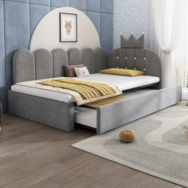 Flieks Polsterbett, Daybett L-Form 90x200cm mit Kronen-Design und Ausziehbett 90x190cm