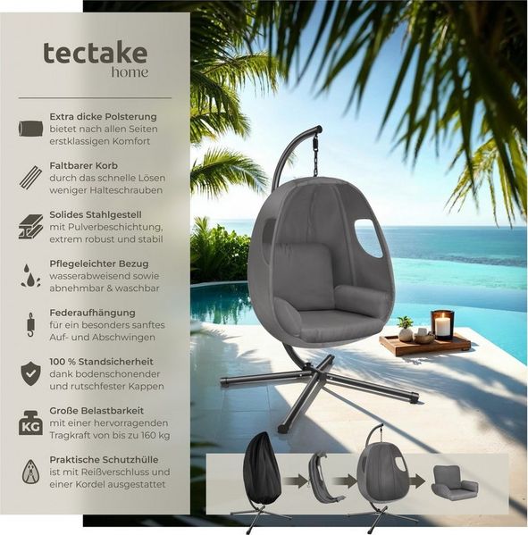 tectake Hängesessel Schaukelstuhl Anika mit Gestell und Kissen 160kg, mit extra dickem Sitzkissen, 360° drehbar