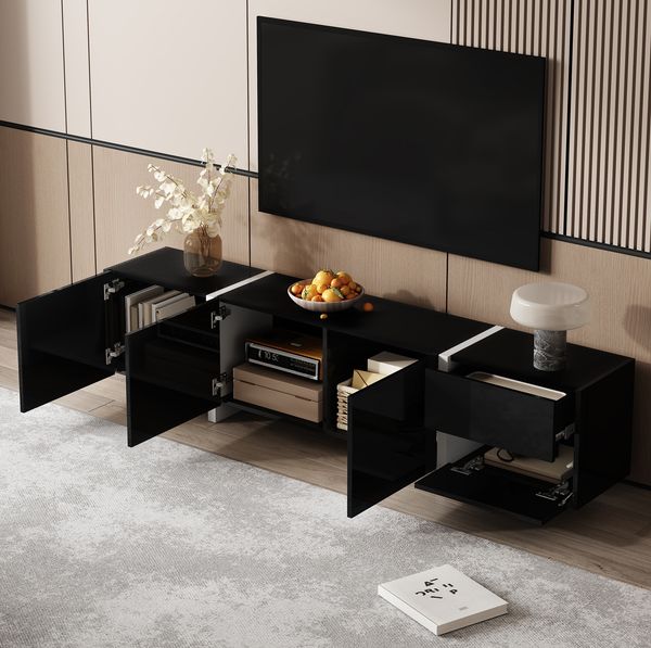 Eleganter TV-Ständer mit hochglänzendem Schwarz und weißen Beinen – 170 x 30 x 39 cm, 170x30x39 cm