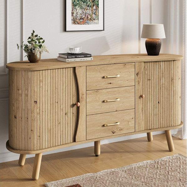 Merax Sideboard Erbsenform mit Rillenoptik, Wohnzimmerschrank in Holzoptik (150 x 36,5 x 75 cm, 1 St), Kommode mit 2 Schiebetüren,3 Schubladen,höhenverstellbare Einlegeböden