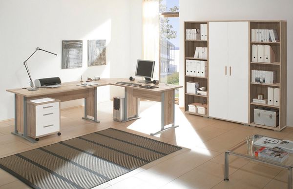 moebel-dich-auf Büromöbel-Set OFFICE LINE, (Spar-Set, 5-tlg, Winkelschreibtisch mit Rollcontainer + Aktenschrank + 2 Aktenregale), in Eiche Sonoma / weiß matt