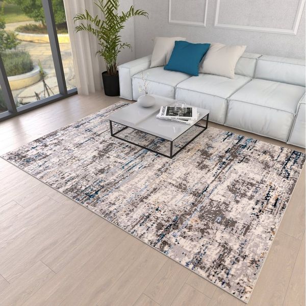 Mazovia Designteppich Modern Teppich für Wohnzimmer - Abstrakt Muster, Beige Blau Grau, 120x170 cm, Abstrakt, Modern, Höhe 8 mm, Kurzflor