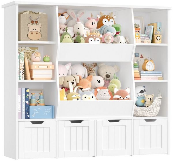Homfa Kinderregal mit 4 Spielzeugkisten auf Rollen, Spielzeugregal mit 8 offenen Fächern Spielzeugtruhe 124.5x118x35cm