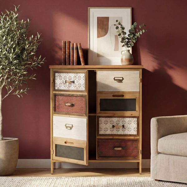 Apothekerkommode HWC-O79, Schrank Highboard Staufächer, Vintage Shabby-Look 94x80x35cm, rot/blau
