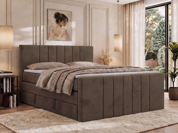 Boxspringbett INERO KING DUO mit Stauraum, Doppelbett 200x200, Bett mit Multipocket-Matratze H3 und Topper T25, modernes Boxspringbett, hohe Kopfteil - Braun Velvet