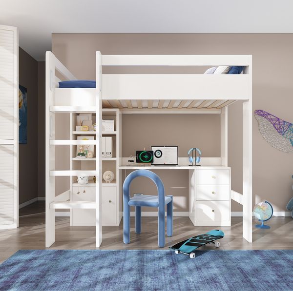 Bett 90x200 cm Hochbett mit Schreibtisch und Stauraum, Weiß mit USB-/Type-C-Anschlüssen