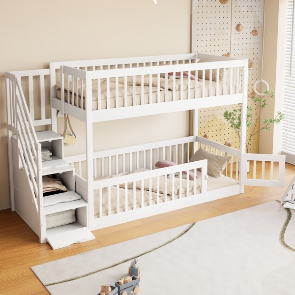 Merax Etagenbett 90x200 Kinderbett mit Sicherheitstreppe und Schubladen, Holzeinzelbett mit Stauraumbett für Kinder, Jugendliche , weiß