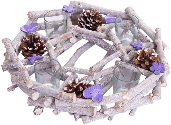 Adventskranz rund mit Teelichthaltern, Weihnachtsdeko Adventsgesteck, Holz Ø 30cm lila-grau