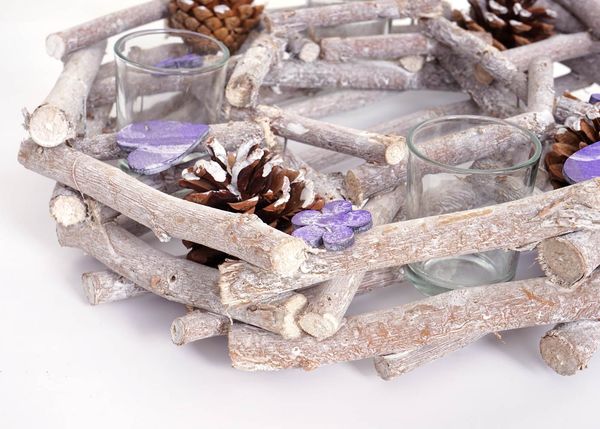 Adventskranz rund mit Teelichthaltern, Weihnachtsdeko Adventsgesteck, Holz Ø 30cm lila-grau Bild 3