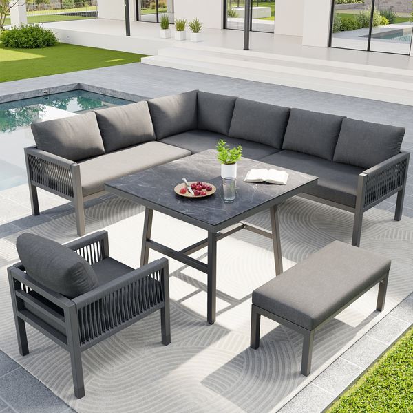 Merax Garten-Lounge-Set, Gartensofa-Garnitur in L-Form für bis zu 8 Personen / Robustes Eisengestell mit grauen Polstern / Komplett mit Tisch (Holzoptik Glas) & 1 Sessel, grau