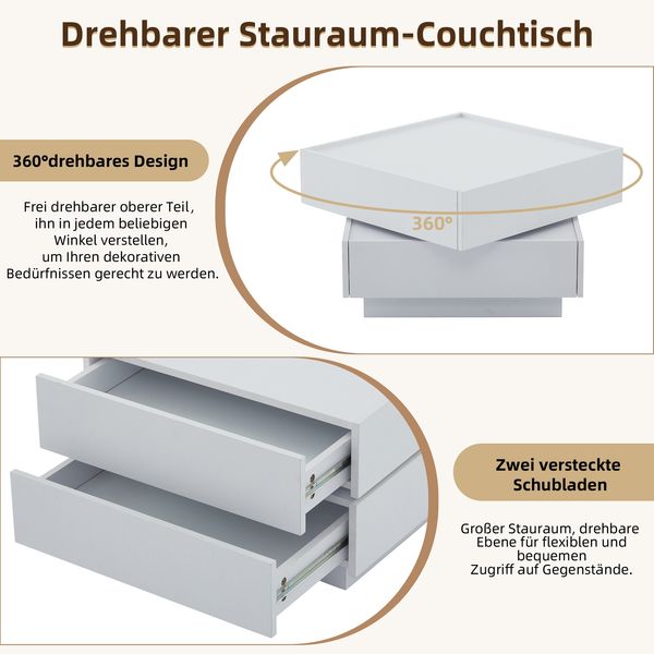 Couchtisch 60x60x38 cm – 360° drehbar mit 2 Ablagen in reinweiß Bild 6