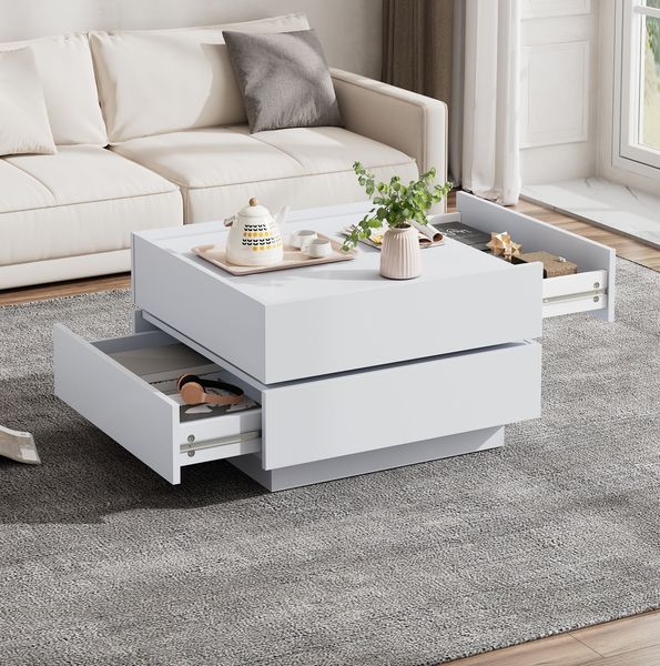 Couchtisch 60x60x38 cm – 360° drehbar mit 2 Ablagen in reinweiß