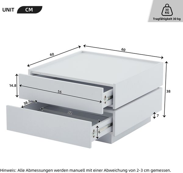 Couchtisch 60x60x38 cm – 360° drehbar mit 2 Ablagen in reinweiß Bild 10