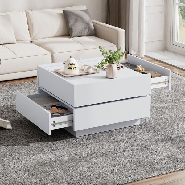 Couchtisch 60x60x38 cm – 360° drehbar mit 2 Ablagen in reinweiß