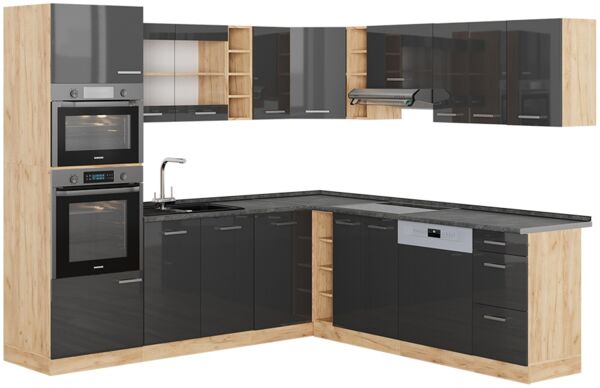 Eckküche R-Line Anthrazit Hochglanz/Goldkraft Eiche 247 x 60 cm , AP Anthrazit Vicco