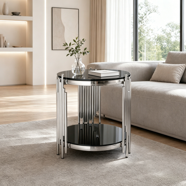 Couchtisch 55x45x45 cm aus schwarzem gehärtetem Glas und Edelstahl, zweistufig, rund