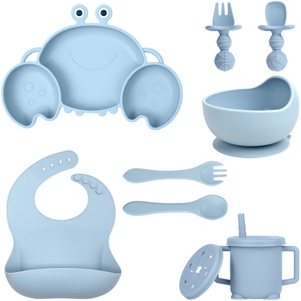ABC Silikon-Babygeschirr-Set mit Saugnäpfen, 8-teiliges Set, Kinder-Essgeschirr-Set, beinhaltet rutschfeste Teller, Schüsseln, Becher