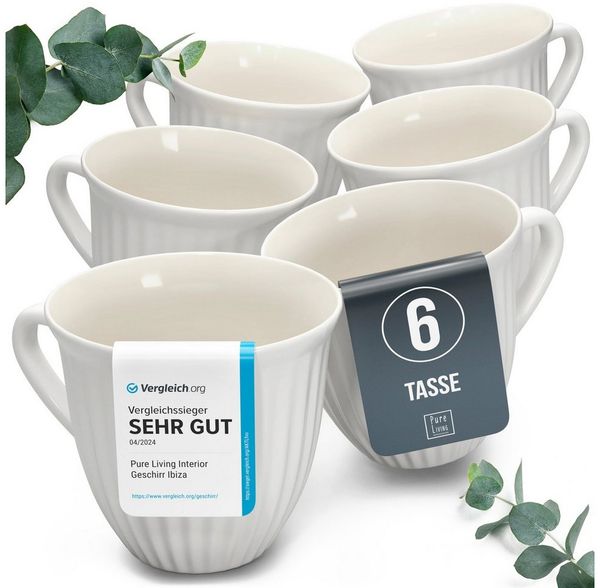 PURE LIVING INTERIOR DESIGN Geschirr-Set Pure Living Becher 6er 460ml »Hygge«, Steingut Hellgrau, 6 Personen, Steingut, Skandinavisches Design mit Riffelstruktur, Harmonische Farbgebung, Ma…