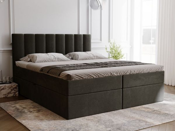 GRAINGOLD Mocca Doppelbett 160x200, Boxspringbett mit gepolstertes Kopfteil, zwei Bettkästen, Velour-Stoff, Dunkelgrau