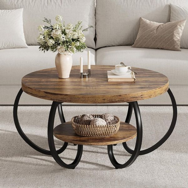 GarveeMore Couchtisch Runder77 x 77 x 45 cm,zweistöckig,im Industriestil,mit verstellbaren Füßen, Ablagefläche und Holzoptik, einfache Montage