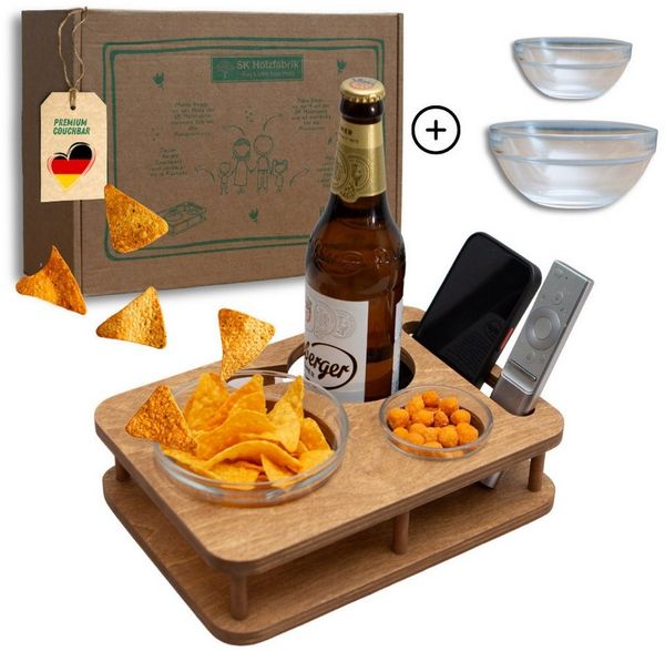 PEGSEN Servierplatte Couchbar Sofa Tablett YOLO mit 2 Snackschalen, Birkenholz, (Set, 3-tlg, mit lebensmittelechten Glasschalen), passend für Kaffeetassen, 0,5L Flaschen und Weingläser, geöltes Finish