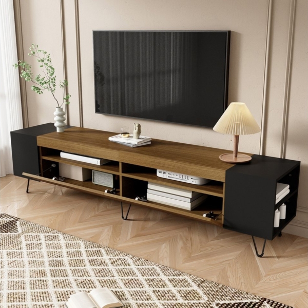 HAUSS SPOLE Lowboard mit Metallbeine, Schwarz und Holzoptik, Länge 180 cm Viel Stauraum (Fernsehtisch,TV-Board,TV-Ständer, 1 St, 4 offene Fächer, 2 Türen), mit Seitliche Regalfächer