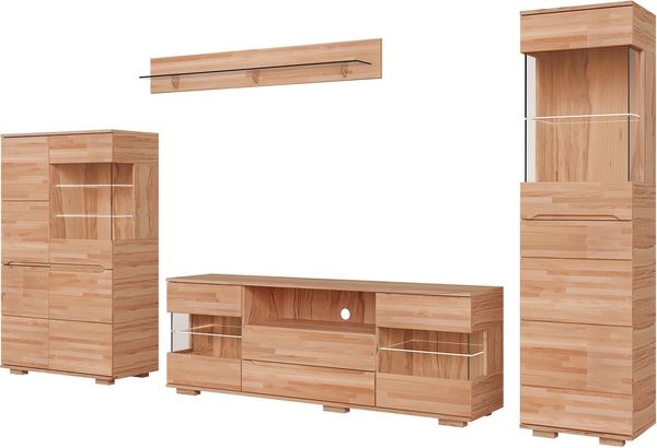 OTTO home Wohnwand VETRO: besteht aus 2 Vitrinen, 1 Sideboard & 1 Wandregal, Wohnzimmer, (4-St), Breite:320cm, Türen mit Glaseinsätzen, Kabeldurchführung in Sideboard
