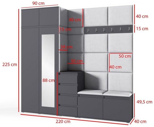 Garderoben-Set BERLIN – Kleiderschrank mit Polsterplatten, Schuhschrank und Schrankaufsatz, für Flur und Eingangsbereich (Artisan/Schwarz, Trinity 02), 225 x 40 x 220 cm Bild 2