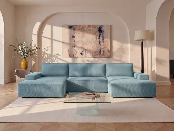 Vente-unique - AMELIA Sofa SamtStoff Blau - B 167 cm x H 85 cm x L 358 cm