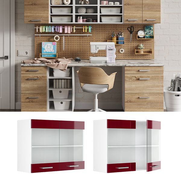 Hängeschrank R-Line Bordeaux Hochglanz 80 cm mit Glastüren Vicco Bild 2