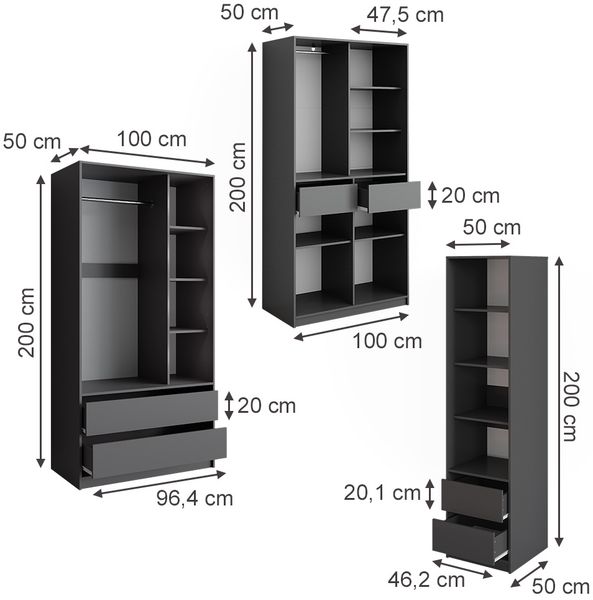 Kleiderschrank Elmo Anthrazit 100 x 200 cm 3er Set Vicco Bild 2