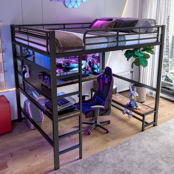 Hochbett 140x200 cm aus Metall und MDF mit Schreibtisch, LED-Lichtleiste, USB-C, Geländer und Stauraum in Schwarz