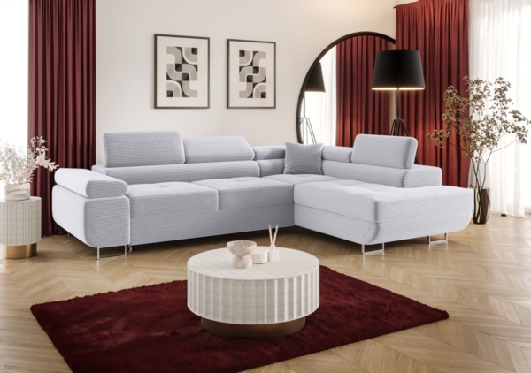 Ecksofa Schlafsofa Sofa MONARO Stoff Poso Hellgrau Ottomane Rechts