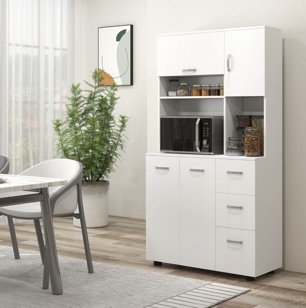 Küchenbuffet 89 x 39,5 x 168 cm in Weiß, mit 3 Schubladen, Regalen und verstellbaren Einlegeböden