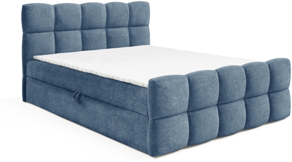 MEBLINI Boxspringbett VALENTO 200x200 cm mit Bettkasten - H3/Blau Boucle Polsterbett - Doppelbett mit Topper & Bonellfederkern-Matratze