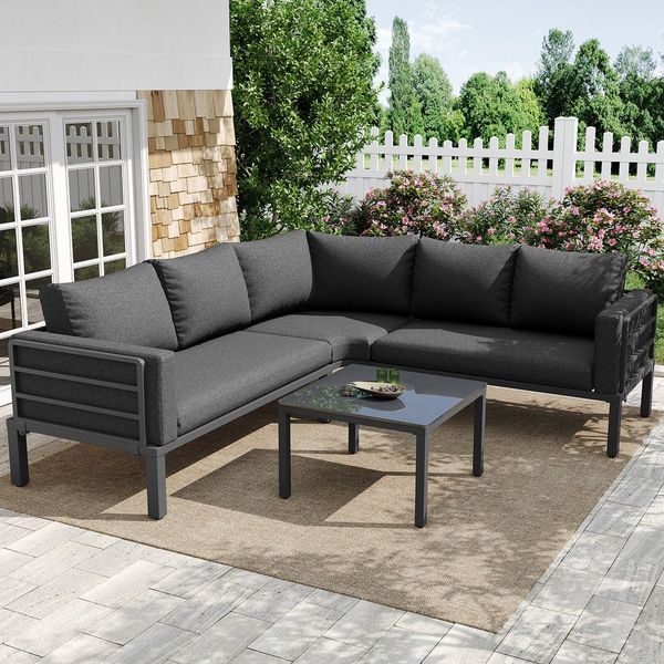 Celya Gartenlounge-Set Gartenlounges Balkon, Gartenmöbel Set für 4-5 Personen, mit Couchtisch, (verzinkter Eisenrahmen, bequeme Gartenmöbel, graue Sitzpolster und Kissen, mit verstellbaren Beinen), Gartenmöbel-Set (4-5 Sitzplätze), 1 Couchtisch aus geh...