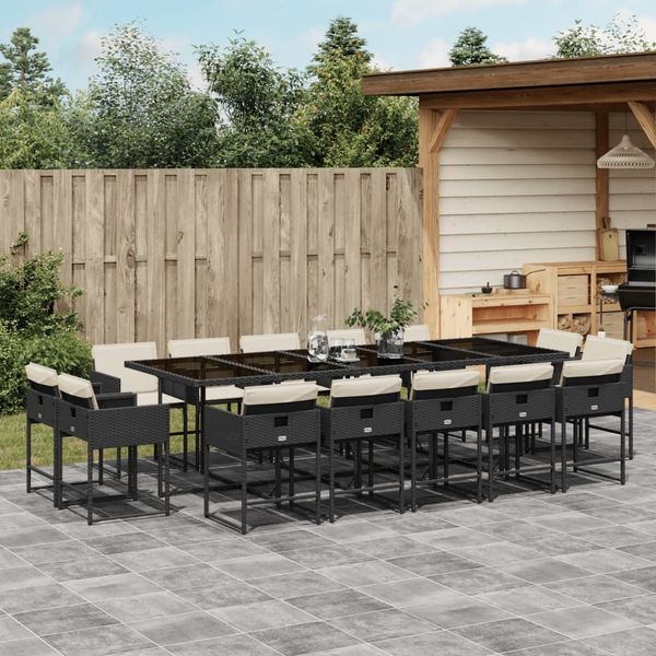 vidaXL 15-tlg. Garten-Essgruppe mit Kissen Schwarz Poly Rattan 3278177