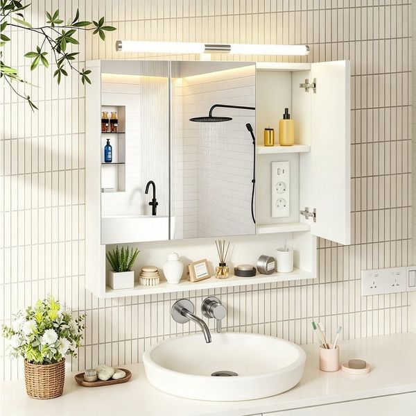 oyajia Spiegelschrank Badezimmerschrank, 16.8 x 70 x 75 cm, Badschrank, Wandschrank (mit LED-Beleuchtung) Badezimmer spiegelschrank mit 3 Türen+ Steckdosen,Spiegel,Hängeschrank