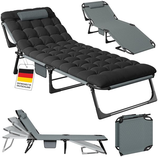 STEELSØN 'Nysaris' Sonnenliege mit Polsterauflage, schwarz, klappbar und leicht transportierbar, Gartenliege mit Seitentasche, Outdoor Liegestuhl bis 180 kg
