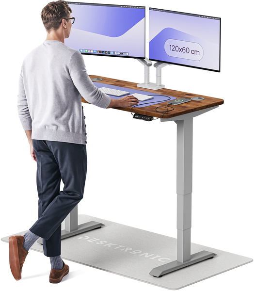 Desktronic HomePro Elektrisch höhenverstellbarer Schreibtisch 120x60cm Massive Walnuss/Grau mit Memory-Funktion, Anti-Kollisions Technologie, USB-A und USB-C-Ladeanschlüssen