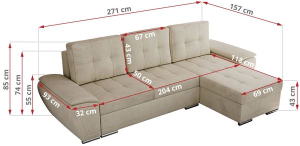 Universelles Ecksofa mit Schlaffunktion, Bettkasten und losen Kissen, gesteppte Sitzfläche - UMBRIA - Beige Velvet Bild 7