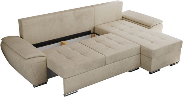 Universelles Ecksofa mit Schlaffunktion, Bettkasten und losen Kissen, gesteppte Sitzfläche - UMBRIA - Beige Velvet Bild 6