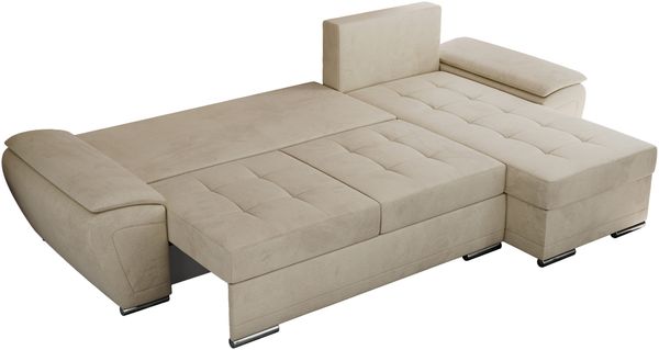 Universelles Ecksofa mit Schlaffunktion, Bettkasten und losen Kissen, gesteppte Sitzfläche - UMBRIA - Beige Velvet Bild 5
