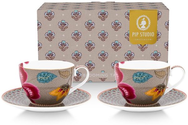 PiP Studio Tasse Blooming Tales Fantasy Khaki Tasse mit Untertasse 0,3l Set2, Porzellan