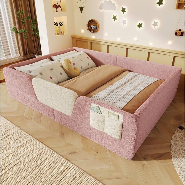 Merax Polsterbett 140x190cm mit abnehmbarer Sicherheitsleiste (Jugendbett Babybett Einzelbett, 1-tlg), Bodenbett Kinderbett mit Aufbewahrungstasche & Lattenrost, Samtbezug
