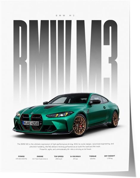 Sportwagen Poster Grün · Geschenkidee · Performance Coupé Wandbild · Motorsport Deko Print ohne Rahmen - 21x30cm